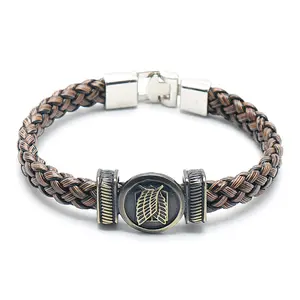 Attack on Titan Wings of Freedom Braided Bracelet, Survey Corps Anime Jewelry, Vintage Brown Leather Bangle for AoT Fans, Cosplay Accessory & Collectible Gift