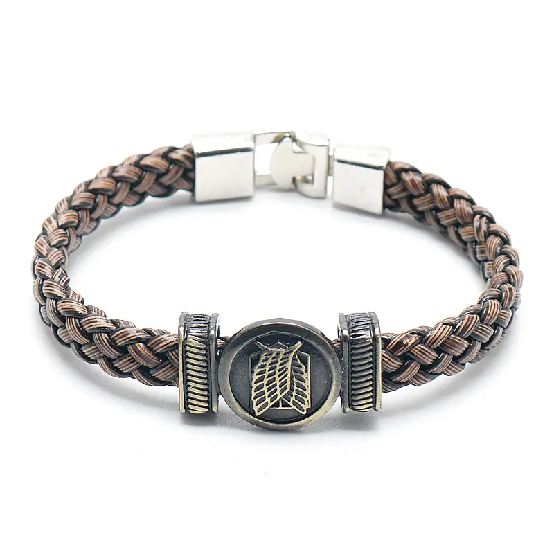 Attack on Titan Wings of Freedom Braided Bracelet, Survey Corps Anime Jewelry, Vintage Brown Leather Bangle for AoT Fans, Cosplay Accessory & Collectible Gift