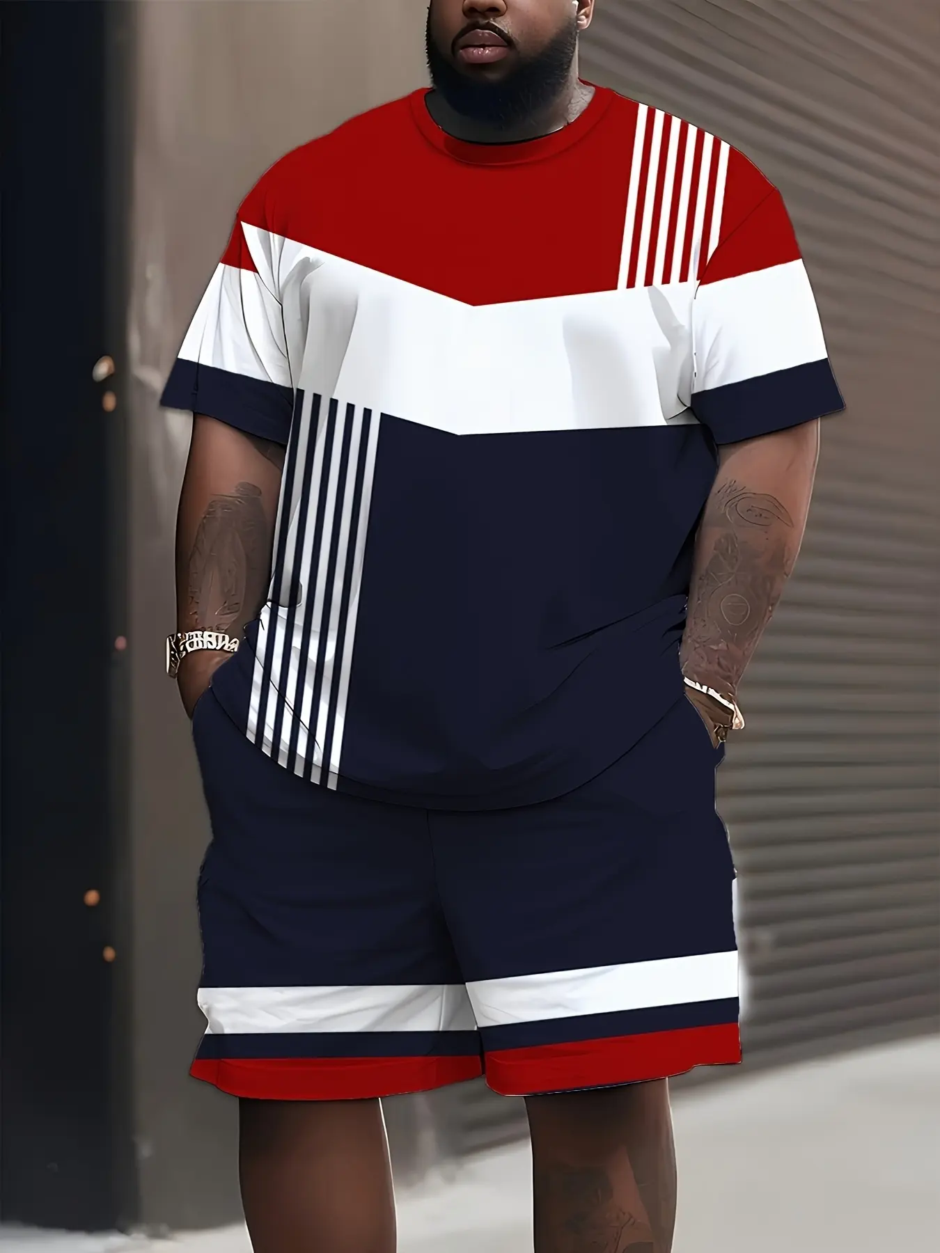 Plus Size Three-Color Striped Set: Red, White, and Blue Contrast Short Sleeve Shorts Casual Trendy Combo, PLUS SIZE Clothes, Man