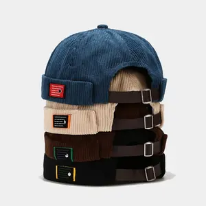 Corduroy Brimless Skullcap Sailor Cap with Buckle Strap - Mens Womens Retro Beanie Hat in Multiple Colors Machine Washable