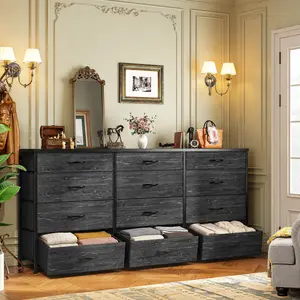 【24H Online Help】Raybee 12 Drawer Dresser for Bedroom, 55" Wide Storage Chest of Fabric Drawers with Wooden Top & Metal Frame, Long Bedroom Dresser TV Stand for Up to 60 Inch TV, Multi-functional Closet Organizer Tower for Living Room, Dorm, Entryway,