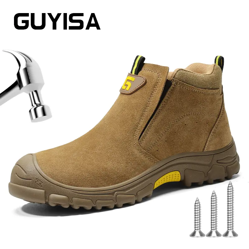 GUYISA Men's Safety Footwear - Brown Suede Boots with Yellow Accents, Durable Sole, Ideal for Construction Work