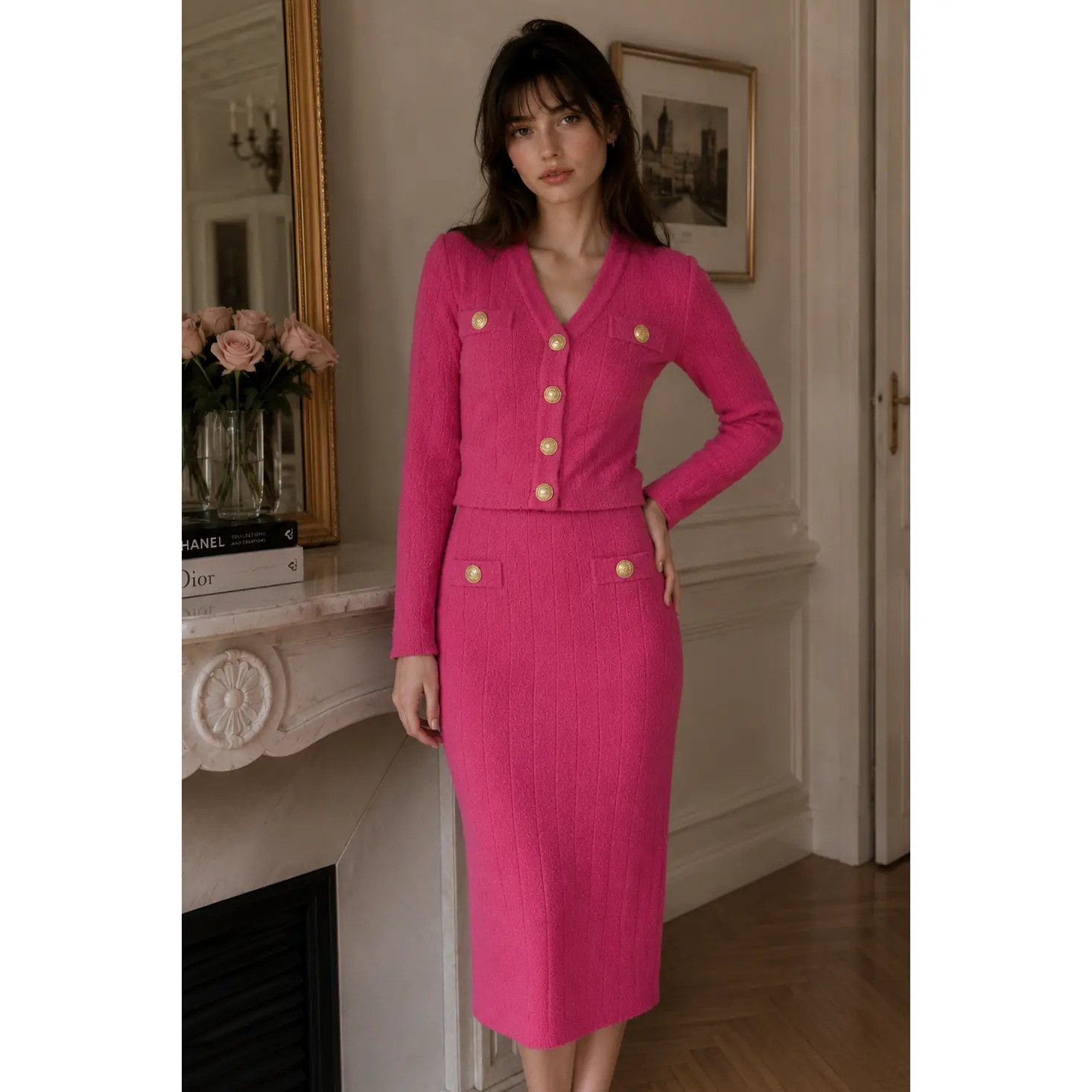 Jessica Bara Alesandra Gold Button Cardigan Top and Midi Skirt Two Piece Set
