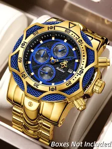 Fat Boy Series Multifunctional Men's Punk Watch, Timer, Day, Calendar Display, Blue Dial, Quartz Movement, Alloy Case, Gift Box Included
