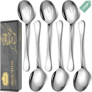Stainless Steel Serving Spoons Set, 6pc, 10-Inch, Includes 3 Large, 3 Slotted, for Parties/Kitchen/Buffet/Catering, Dishwasher Safe