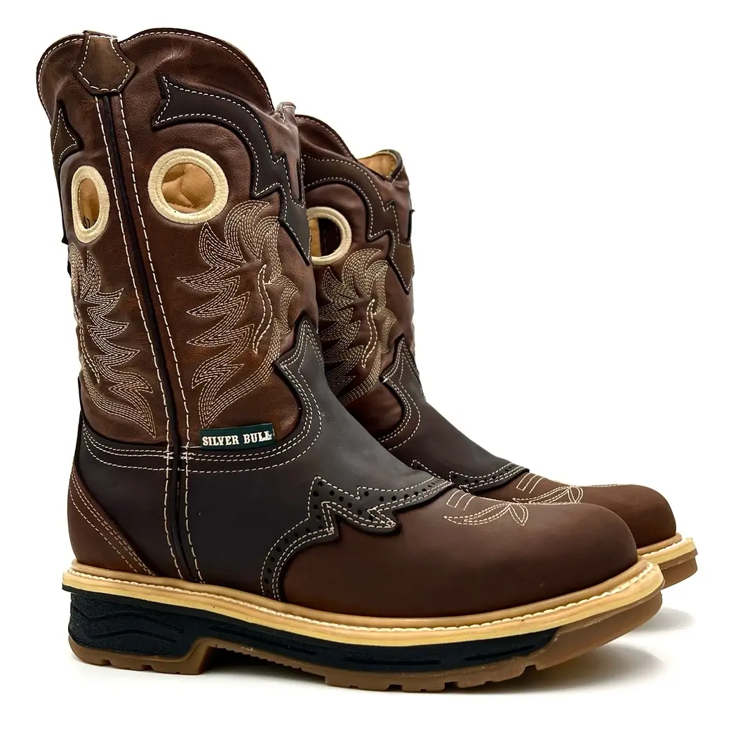 Silver Bull Rodeo Work Boot Pull On Round Toe Goodyear Welt Dual Density Sole Slip Copper Brown SB-6035 Mid Calf Walking Shoes Leather Footwear