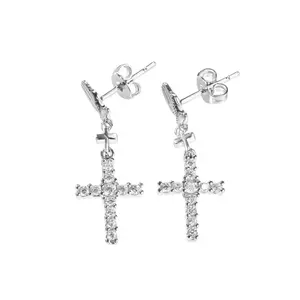Silver Cross Hoop Dangle Earrings  5A+ Cubic Zirconia Cartilage Hypoallergenic 14K Gold Plated Cross Dangle Drop Earrings For Men Women