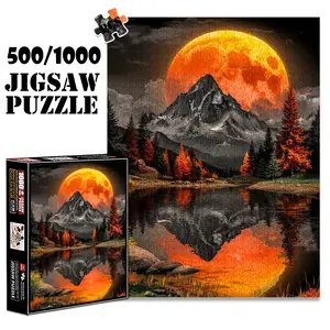 1pc 1000 piece adult puzzle 70x50cm Giant Orange Moon over Mountain with Lake Reflection 500 pieces paper jigsaw puzzle suitable for DIY creative games for adults and families, birthday and holiday