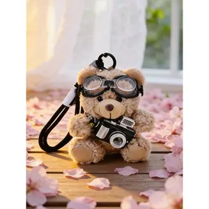 Cute Shiny Camera Bear Plush Keychain, Kawaii Couple Key Ring Bag Charm, Soft Creative Birthday Gift Accessory