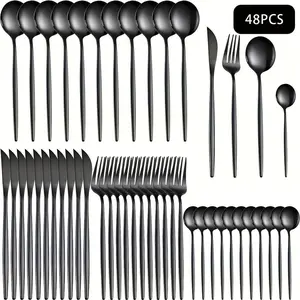 Stainless Steel Cutlery Set, 48pcs/set Including Spoon, Fork, Knife & Dessert Spoon, Tableware Set for Home Kitchen, Party, Gathering, Birthday, Holiday, Dinnerware Service Set, Dinnerware Utensils