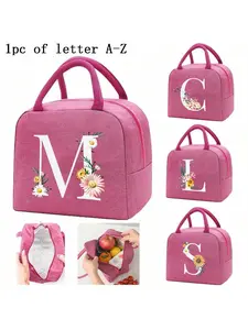 Pink Lunch Bag, Lunch Bag Women, Insulated Lunch Bag With Letter Flowers, Letters A-Z Available For Selection, Large-Capacity Handbag, Picnic Handbag, Lightweight And Portable Lunch Storage Bag, For Giving To Friends And Lovers, Non-Food Contact