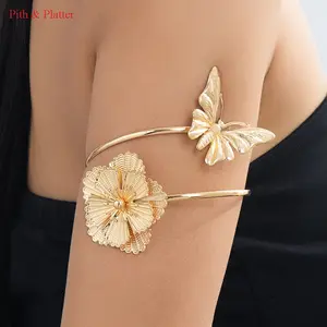 Butterfly Flower Arm Cuff Bracelet for Women, Adjustable Boho Upper Arm Band, Elegant Statement Fashion Jewelry for Festival Party Beach Wedding Street Style