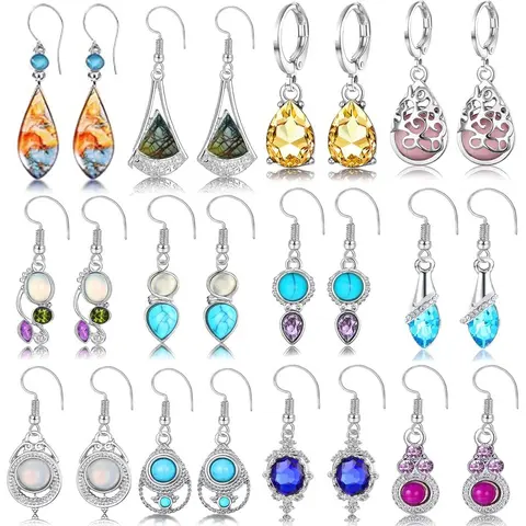 12 Pairs Bohemian Silvery Drop Earrings Set for Women Girls Geometric Cubic Zirconia Teardrop Drop Dangle Earrings Vintage Trend Party Jewelry Christmas Gifts