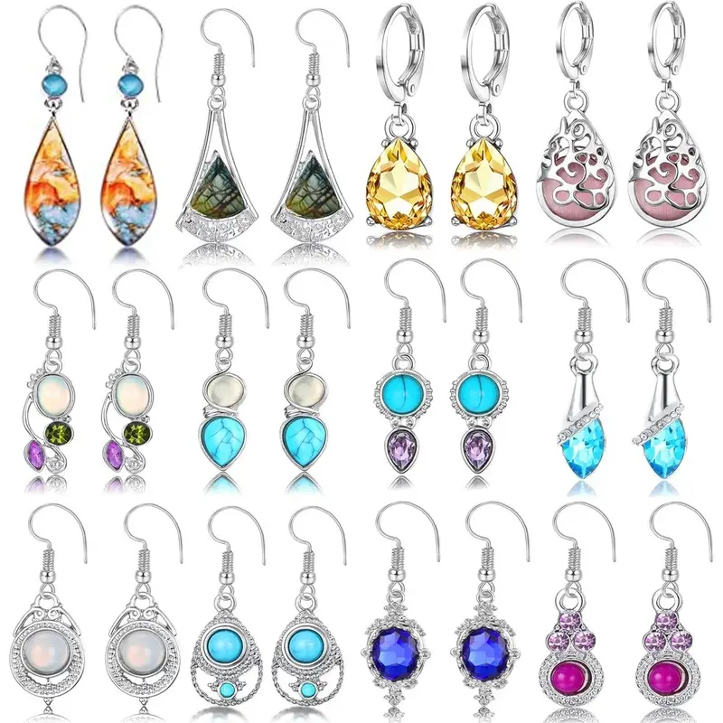 12 Pairs Bohemian Silvery Drop Earrings Set for Women Girls Geometric Cubic Zirconia Teardrop Drop Dangle Earrings Vintage Trend Party Jewelry Christmas Gifts