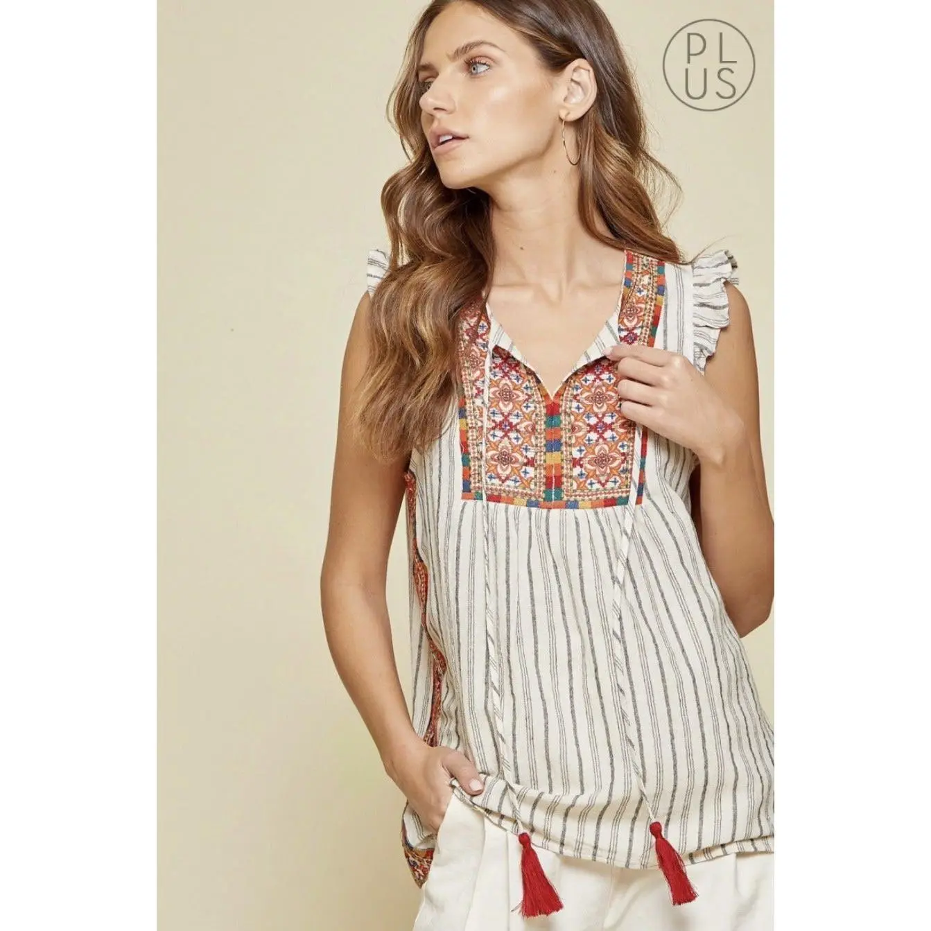 Savanna Jane Linen Embroidered Striped Peasant Tank Top with Tassel Details & Split Neckline Andre by unit for Summer Wear