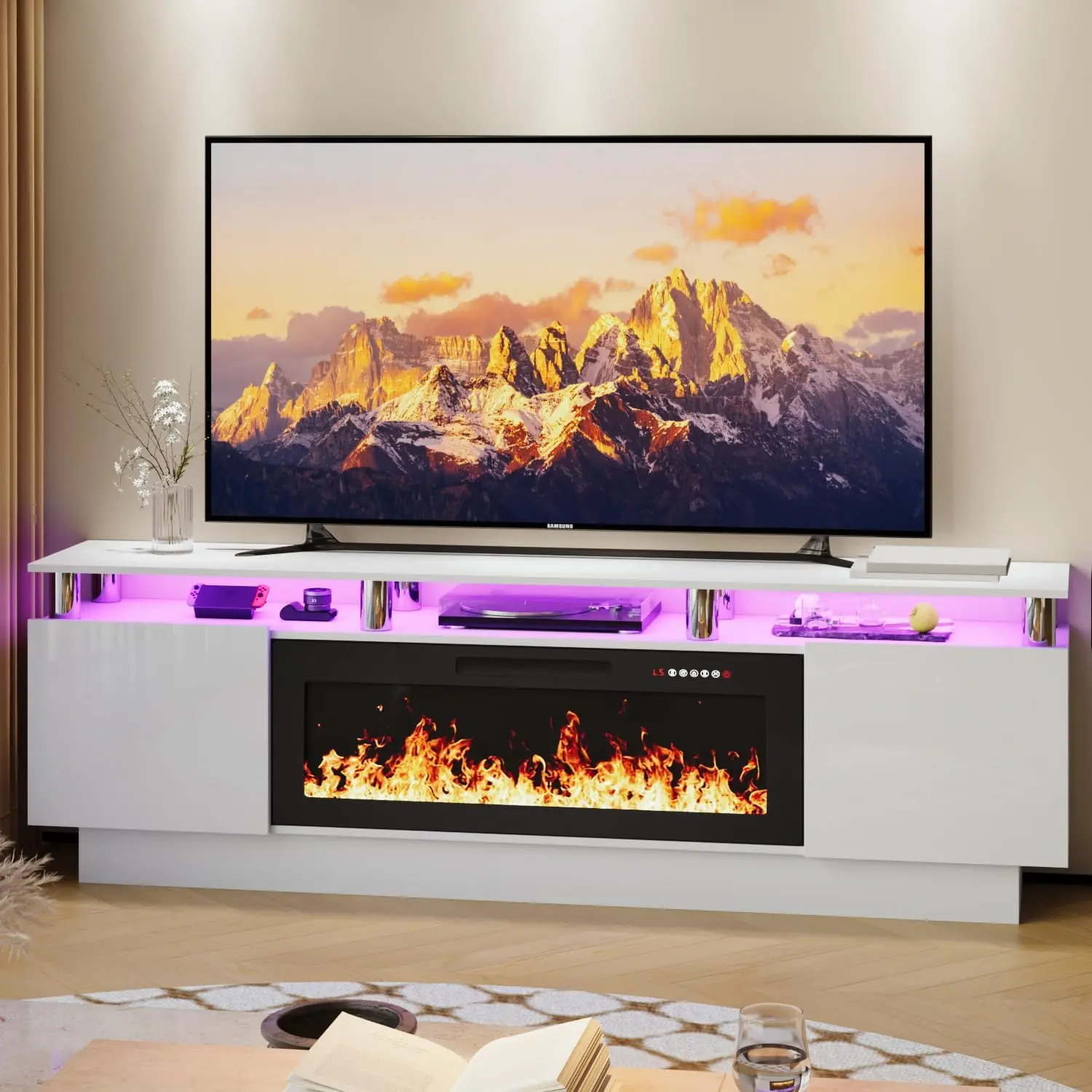 PUKAMI 70 Inches Fireplace TV Stand for TVs up to 80 Inches Console with 36'' Electric Fireplace & Remote, Wooden Modern Entertainment Center for Living Room, Tv Shelf, Room Decor