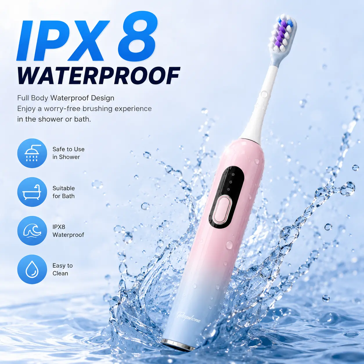 Telapuhone IPX8 Sonic Electric Toothbrush for Adults, Rechargeable USB Electric Toothbrush with 5 Cleaning Modes, 5 Replacement Brush Heads, Electric Toothbrush for Men & Women, Ideal Gift for Birthday, Holidays And Special Occasions