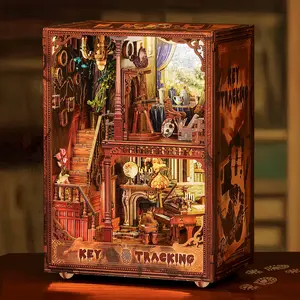 FUNPOLA 3D Wooden Puzzle Book Nook Kit with LED Light, DIY Miniature Bookshelf Insert Décor for Display, Unique Craft Gift for Adults and Teens (Key Tracking)