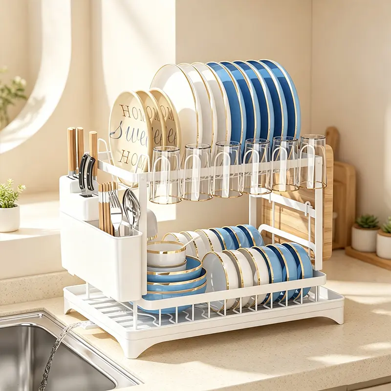 2-Tier Stainless Steel Kitchenware Rack, Rustproof Kitchen Counter Organizer with Cutlery Cup Holders & Draining Tray, Multifunctional Dish Drainer