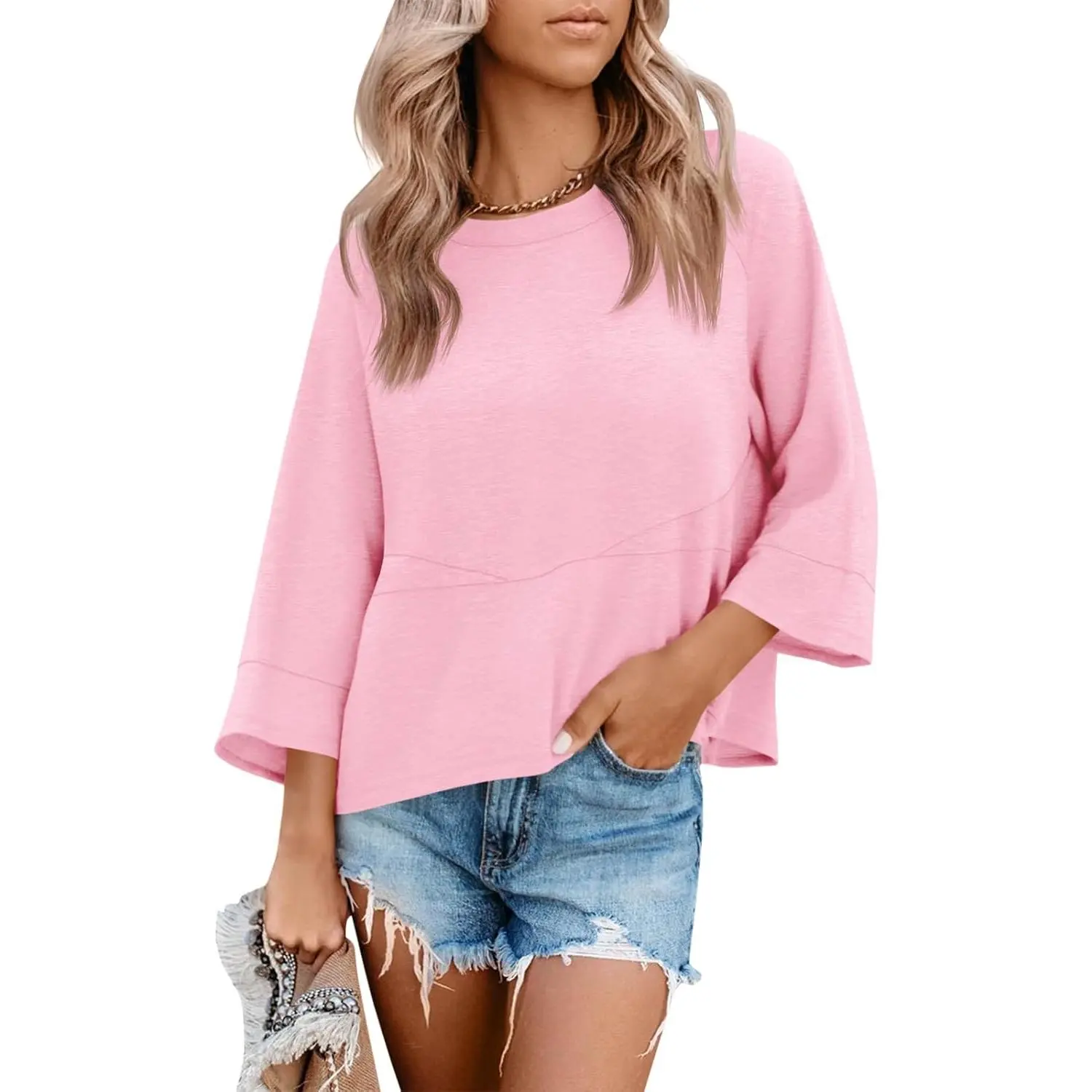 Womens 3/4 Batwing Sleeve Tops Casual Loose Fit Crewneck Shirts Fall Flowy Trendy Tees Blouse