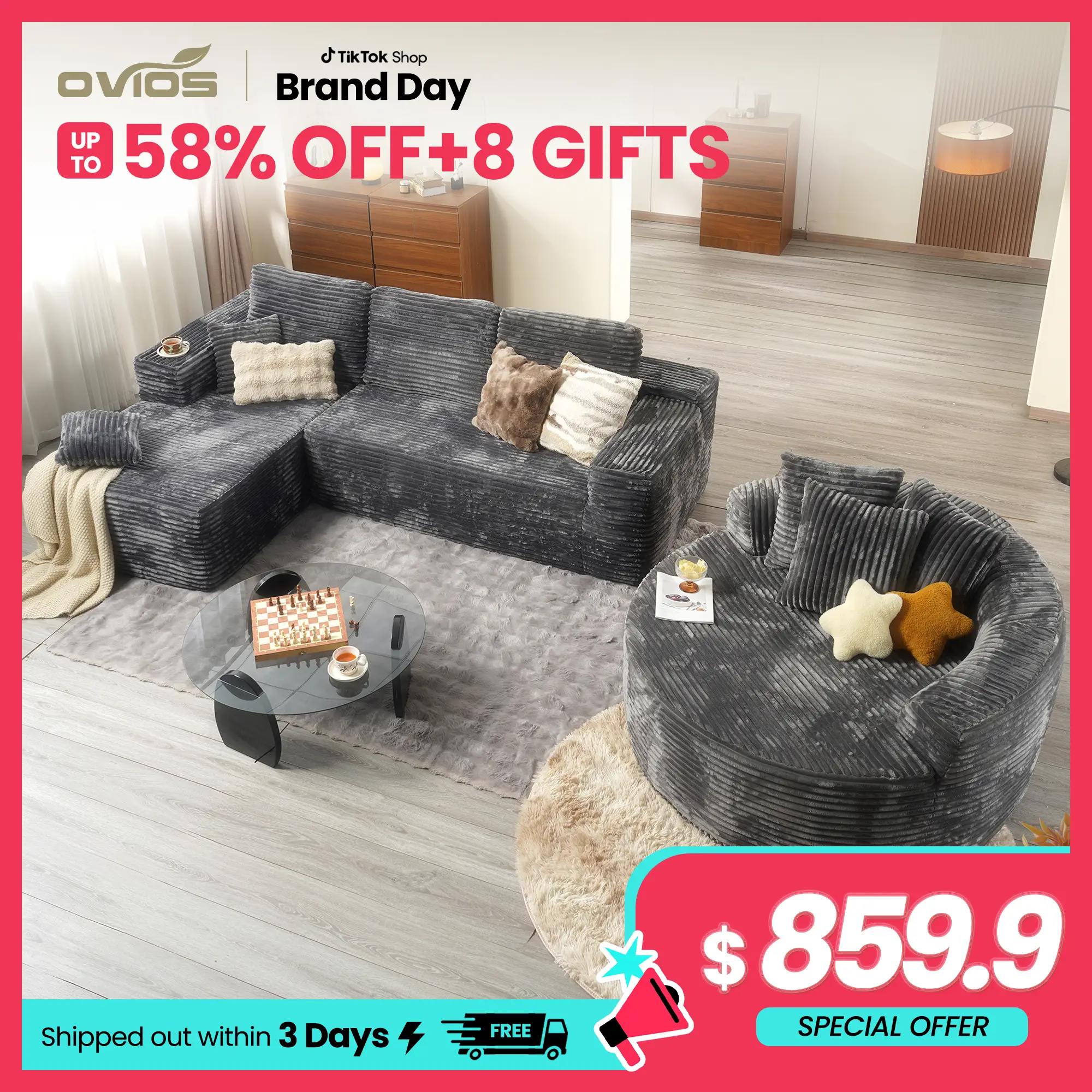 【3 Packages Shipping】Ovios 104" Modular Couch with Chaise and 59" W Oversized Round Sofa Bed - L-Shaped Sectional Sofa Set with Flexible Configuration