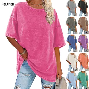 Holafish Women's Acid Washed T Shirts Heavy Cotton Vintage Unisex Tees Loose Fit Short Sleeve Casual Streetwear Basic Tops Crewneck