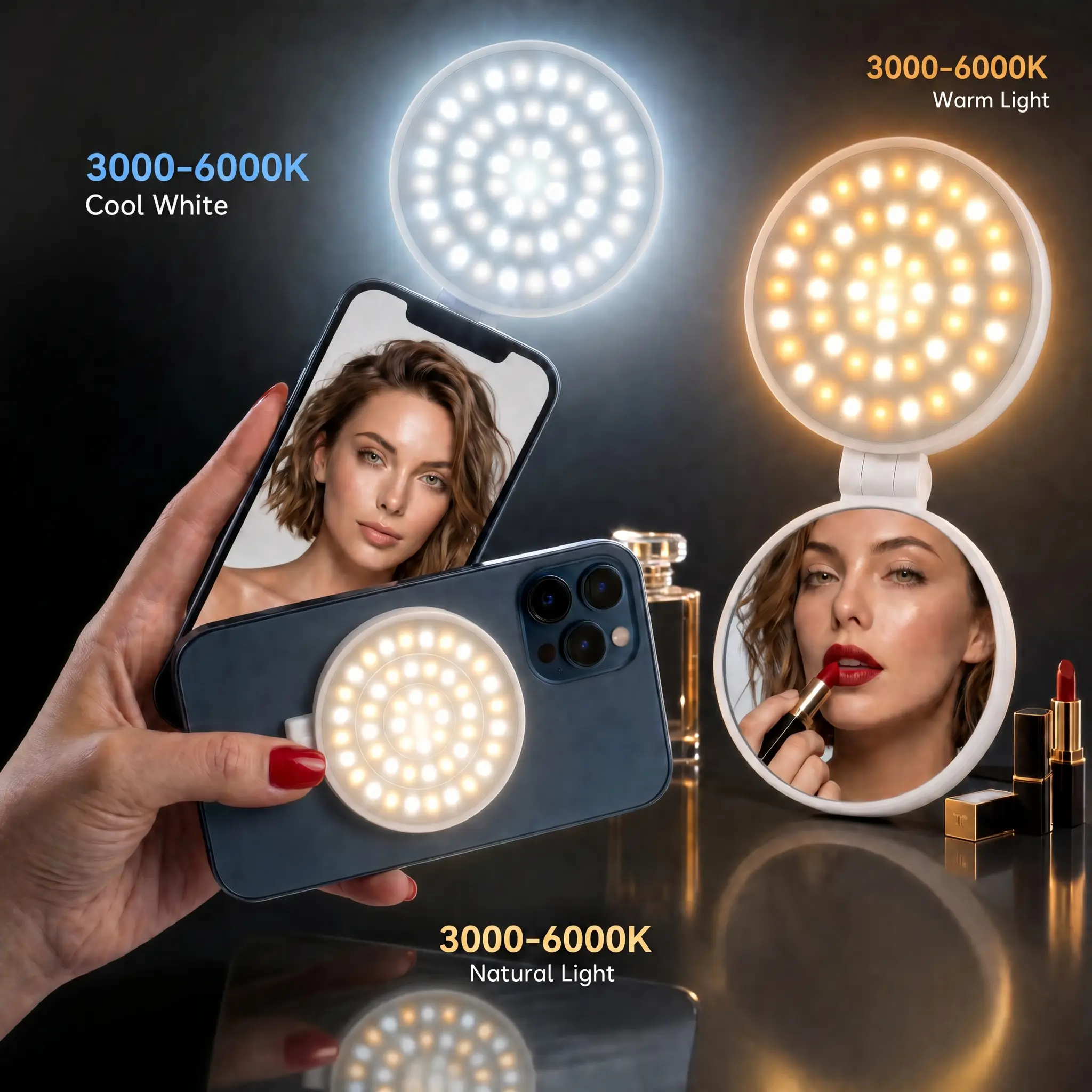 MagSafe Magnetic Mirror Selfie Accessory for Smartphone & Cellphone, 360° LED Ring Design, Portable Rechargeable Phone Stand, 3 Modes, Adjustable Brightness Compact Makeup Tool