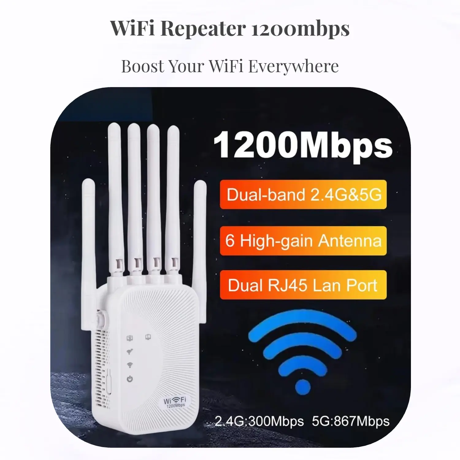 AC1200M Dual-Band WiFi Repeater (2.4GHz & 5.8GHz, 802.11 ac) – 1200Mbps Range Extender with High-Gain Antenna, 360 Degree Full Signal Coverage, USB WiFi Adapter Function, Compatible with Almost All Devices for Home Studios