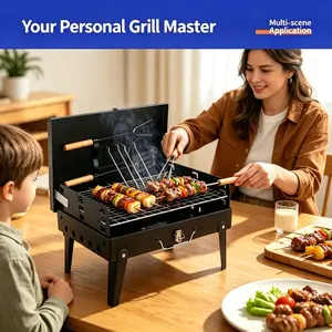 Portable Tabletop Charcoal Grill, Foldable Compact Design with Wood Handles, Lightweight for Camping & Picnics, Easy Cleanup, Great for Small Groups