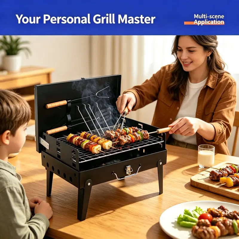 Portable Fold & Go Charcoal Barbecue Grill - Tabletop, Lightweight Camping Picnicware with Heat-Resistant Handles, Skewer-Ready, Fits Car/Cabinet, Ideal for Backyard Outdoor Barbeque, Grilling Outdoor Cooking