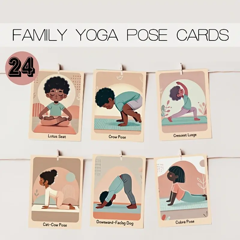 24 Family Yoga Pose Cards for Kids, Kids Yoga Flashcards with Illustrated Poses, Mindfulness & Movement Cards for Toddlers Preschool, Calm Down Tool for Kids, Montessori Learning Cards, Classroom Yoga Cards, Gift for Kids, Family Activity Cards Set