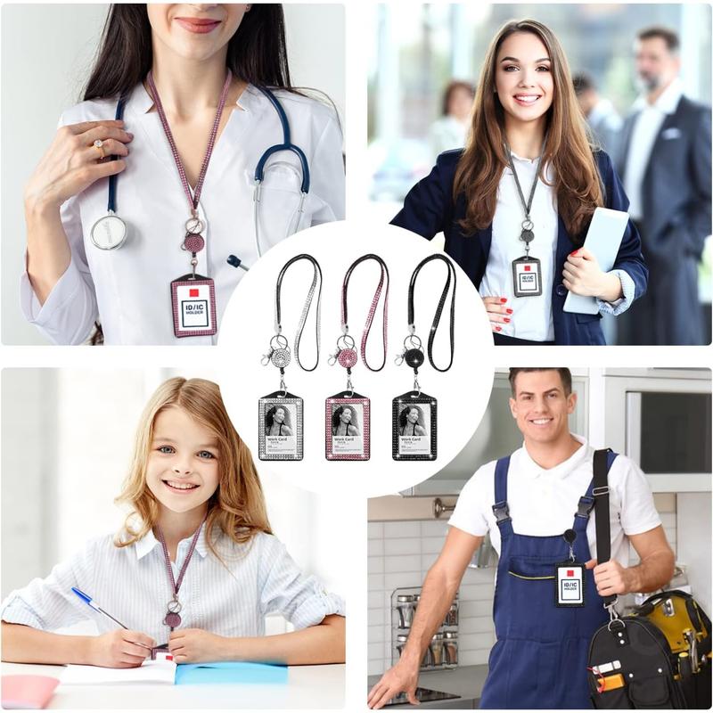 9 in 3 Sets 3 Color Upgraded Rhinestone Lanyard for ID Badges for Women Cute, Bling Mom Lanyards for ID Badges Teacher ID Card Holder Crystal Retractable Badge Reel for Student