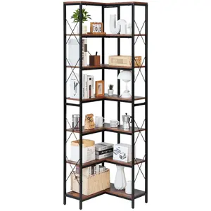 VEVOR 7 Tier Corner Bookshelf, 79" Tall Corner Bookcase with Heavy Duty Metal Frame & Wooden Shelves, Industrial Reversible L Shaped Corner Display Shelf for Bedroom, Living Room, Office