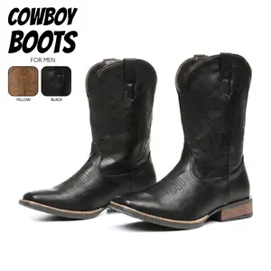Cowboy Boots For Men Mid Calf Boot Square Toe Chunky Block Heel Classic Embroidered Wide Calf Western Country Wedding Dance Party Outdoor Festival Dress Trendy Cowboy Shoes