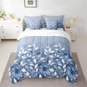 Feelyou 7-Piece Vintage Floral Pattern Bedding Set - Blue Botanical Theme Microfiber Comforter Bed-in-A-Bag with Sheets for Adults, Leaves Plants Design Linens Set