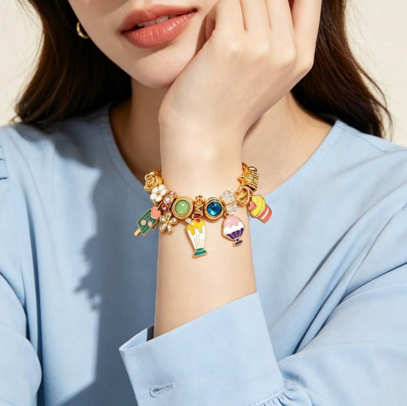 Tone Gold Twisted Open Bangle Cute Dessert Ice Cream Cupcake Popsicle Enamel Charm Bracelet Colorful Crystal Floral Bead Women Sweet Girly Daily Jewelry Gift
