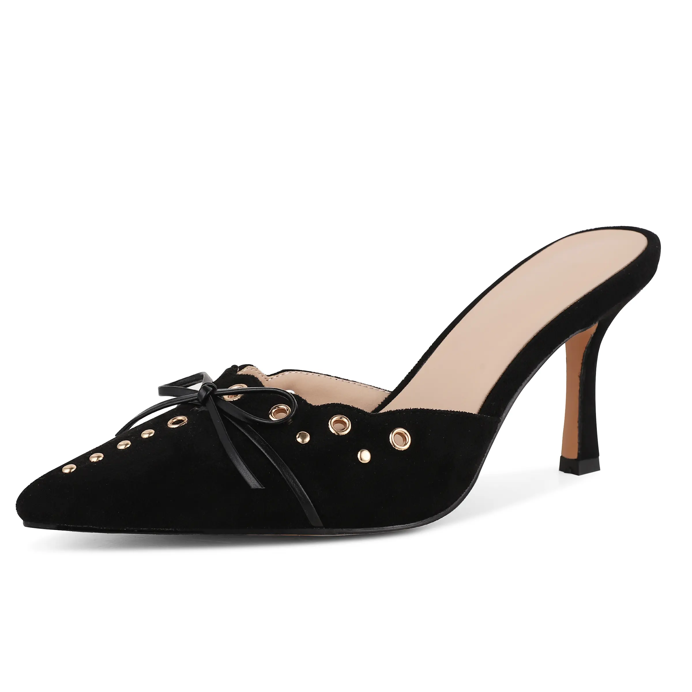 INSMIA Womens Heeled Mules, Pointed Toe Stiletto Mules with Bow and Studded Detail, Microfiber Upper Slip On Heels for Dress, Party and Office, Black