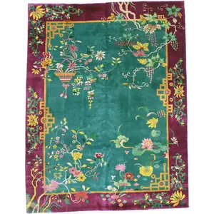 "Chinese Art Deco Antique Rug – Green & Purple Wool Pile, 8'10" x 11'07" | Exquisite Vintage Home Décor | Rare Handcrafted Oriental Carpet tribal rug