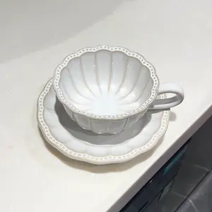 French Vintage Coffee Cup Set, 10oz Capacity, Beaded Edge Design, Kiln-Fired Ceramic Material, Ideal for Afternoon Tea & Home Decor