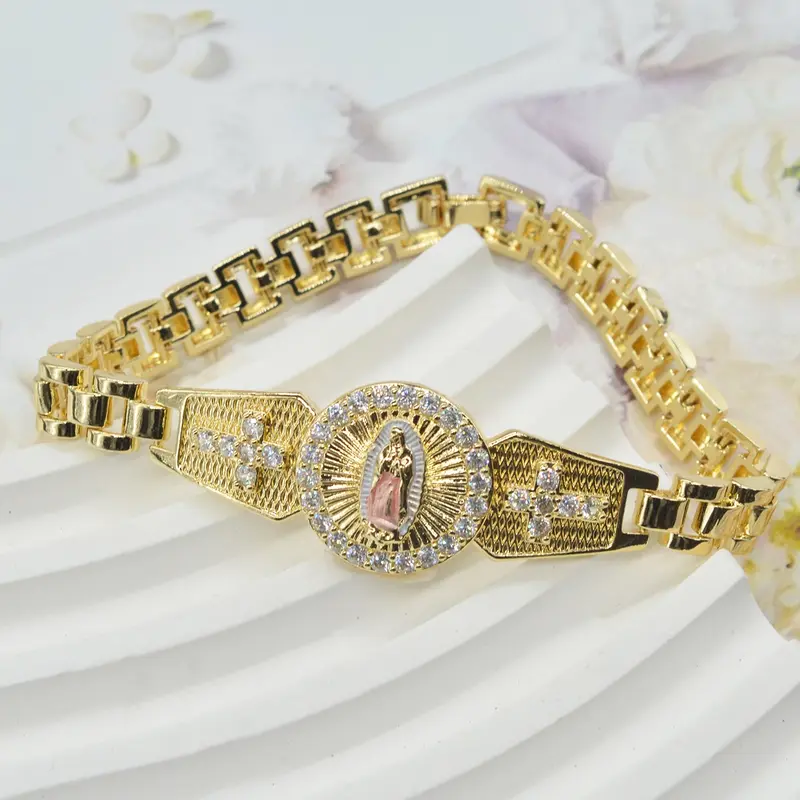 Fashion Copper Chain with Synthetic Zircon and Virgin Mary Image, Unisex Religious Jewelry Gift, Men and Women, High Quality Premium Exquisite Bracelet with Pendant, Beautiful Bracelets, Religious Faith Bracelets
