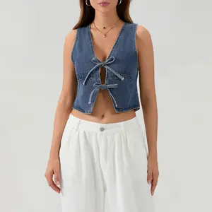 Women's simple and fashionable blue/white denim drawstring crop top - sleeveless V-neck tie denim vest, Y2K street style summer must-have (s-XXL) Short Vneck Womenswear Basic Minimalist