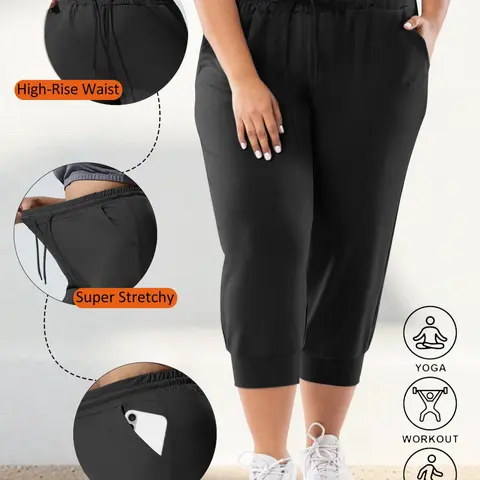 Women's Plus Size Capri Sport Pants with Pockets, High Waisted Athletic, High Elasticity, Adjustable Drawstring, Soft Casual Fit, Athletic Running Pants, Athleisure Style Bottoms, High Waist Activewear, Casual Sports Bottoms, High Waisted Sportswear