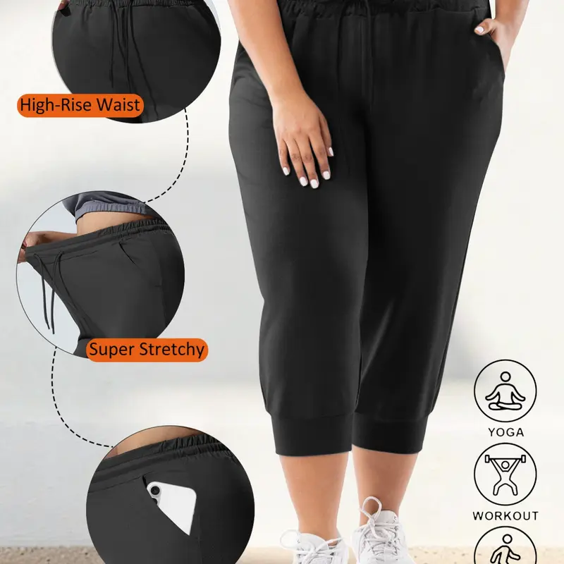 Women's Plus Size Capri Sport Pants with Pockets, High Waisted Athletic, High Elasticity, Adjustable Drawstring, Soft Casual Fit, Athletic Running Pants, Athleisure Style Bottoms, High Waist Activewear, Casual Sports Bottoms, High Waisted Sportswear