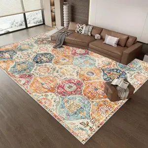 Vintage Style Geometric Floral Pattern Area Rug, Non-slip Washable Soft Floor Mat, Decorative Carpet for Home Living Room Bedroom Kitchen