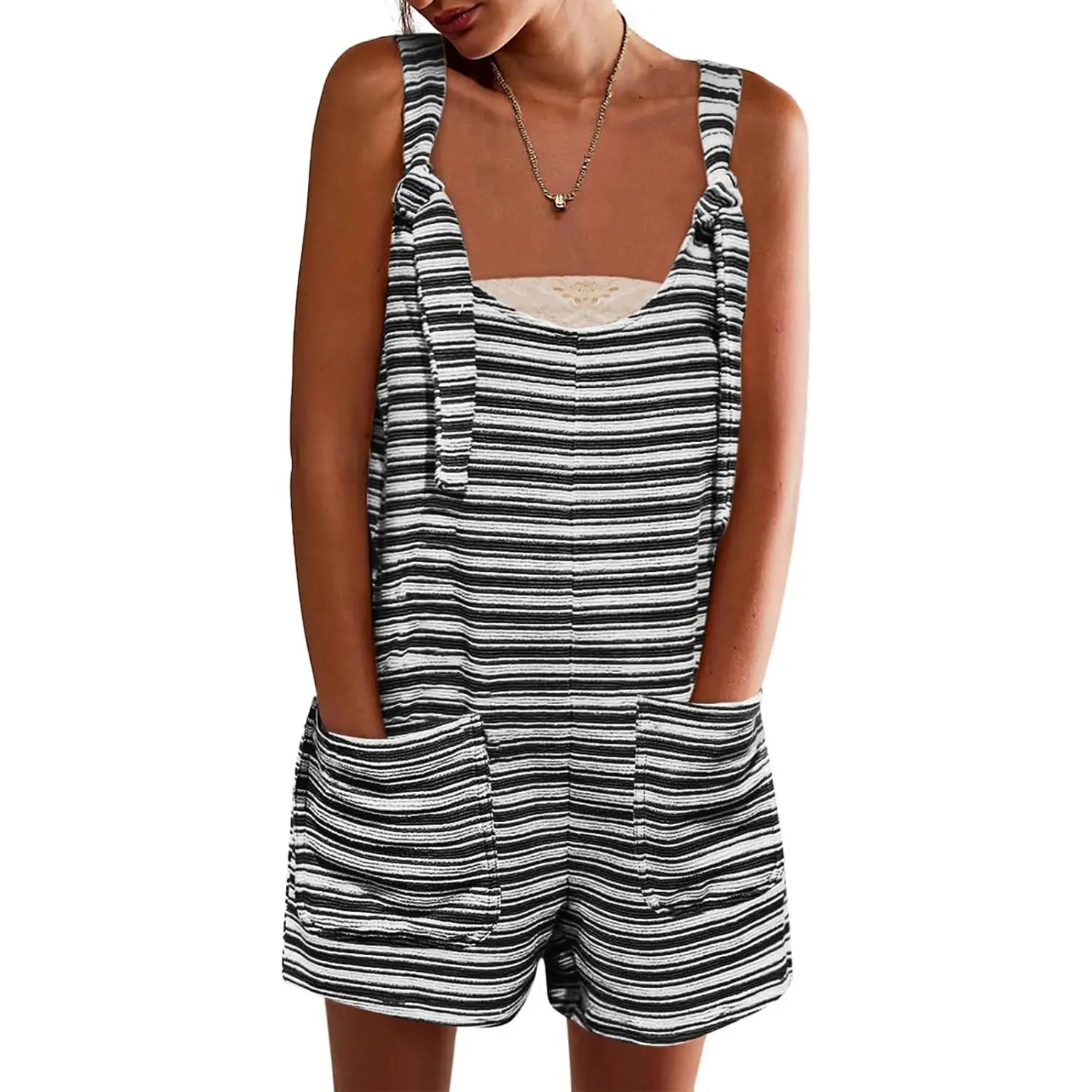 Goranbon Women's Fall Casual Tank Top Romper - Cute, Loose Striped, Sleeveless Strap Design, Tied Shorts Overalls Jumpsuit with Pockets, Perfect Fits for Daily Wear, Comfy