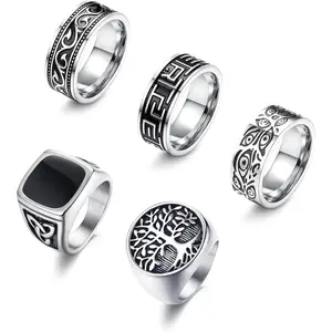 5Pcs Stainless Steel Biker Rings Set for Men Greek & Celtic Signet Vintage Retro Carving Band Rings