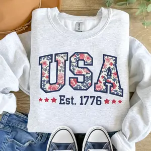 USA Floral Sweatshirt - 4th of July Sweatshirt, Varsity Style Patriotic USA Crewneck, Cozy Gift for Independence Day, Memorial Day Shirt