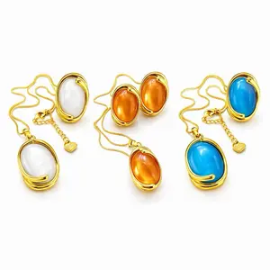 Maite Jewelry  ABRAZO DORADO set Gemstone Necklace GN102 Gold-Plated with Large Round Stone 18" + Extension and earrings Versatile Fashion Jewelry for Women