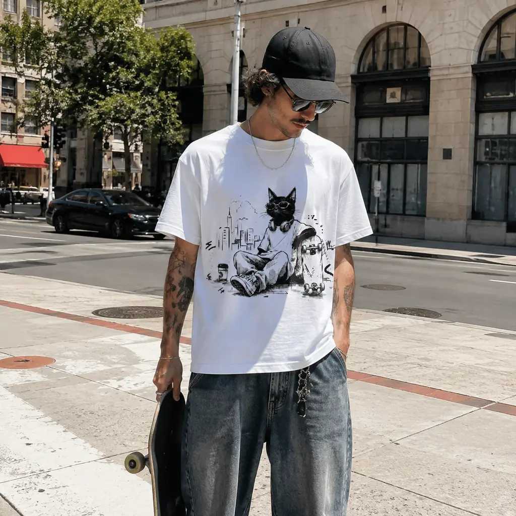 Men Cotton Oversized Front Graphic T-shirt Cool Skateboard Black Cat Urban Streetwear Crew Neck Short Sleeve Tee