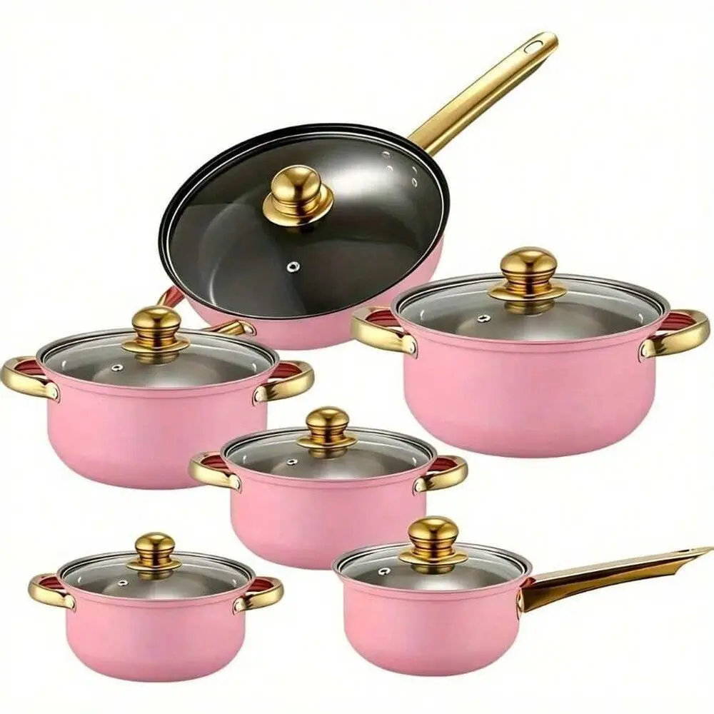 Azafterglow 12Pcs Stainless Steel Cookware Set with Glass Lids - Induction Ready, Dual-Handled, Non-Stick & Golden Accents for Effortless Cooking - Perfect for Home Chefs